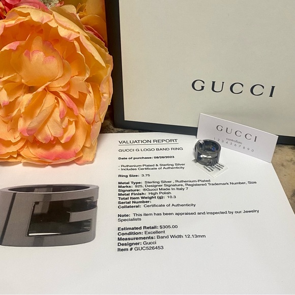 GUCCI Ruthenium & Sterling Silver G Logo Band Ring Authenticity Cert & Dust Bag - Picture 2 of 15